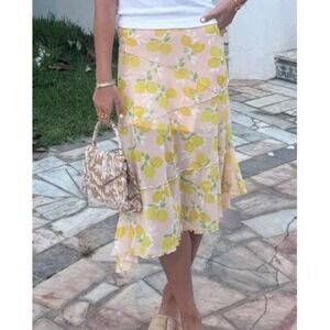 See You Monday Lemon Print Midi Skirt Ruffle Trim Asymmetrical Hem Medium